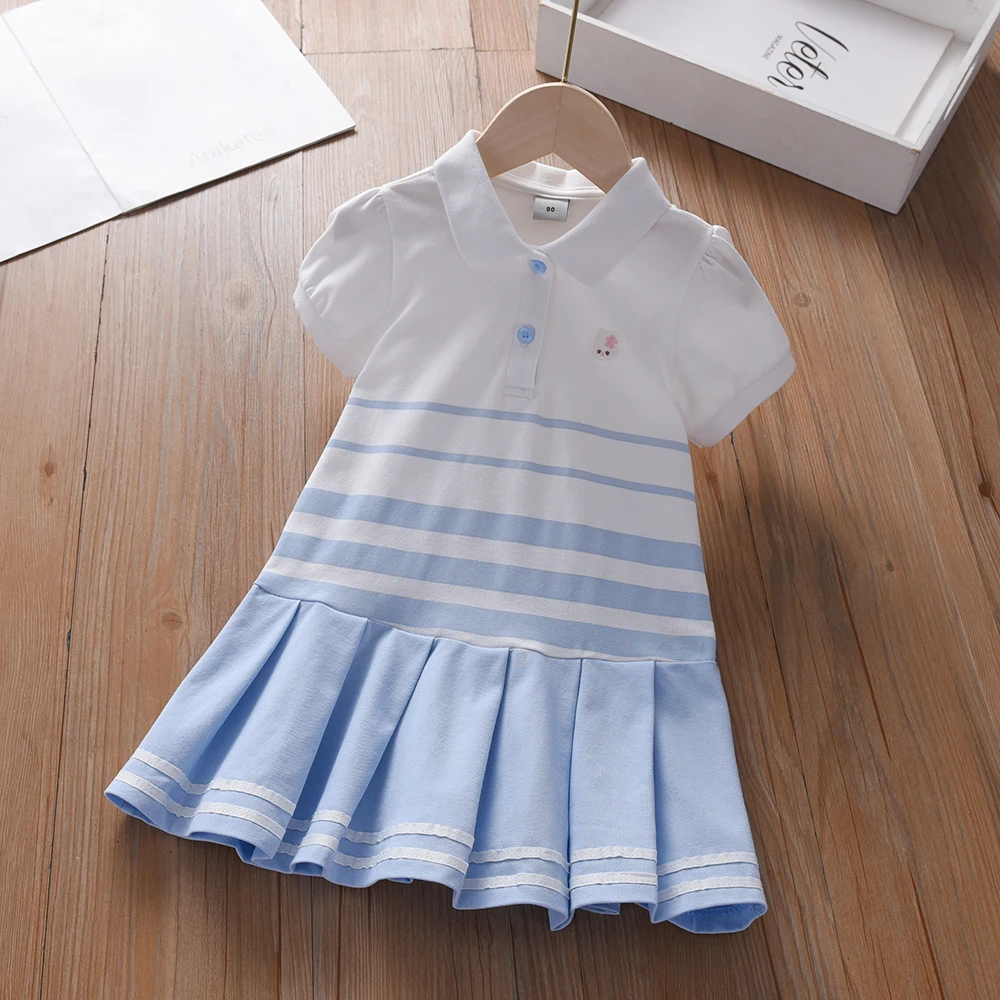 Color: Blue, Kid Size: 5 - Girls' Fashion Polo Dress with Stripes Kids Elegant Puffed Sleeves Clothes Baby Girls Summer Dresses