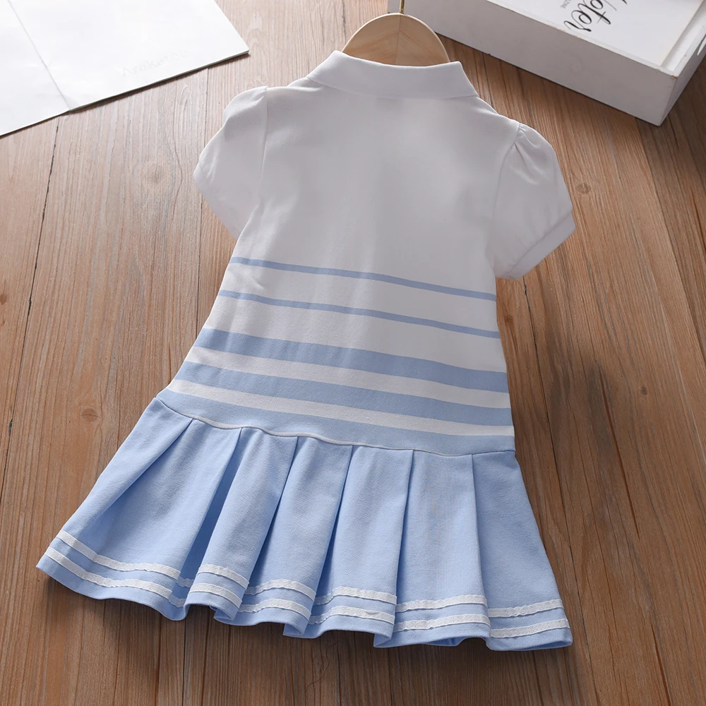 Color: Blue, Kid Size: 5 - Girls' Fashion Polo Dress with Stripes Kids Elegant Puffed Sleeves Clothes Baby Girls Summer Dresses