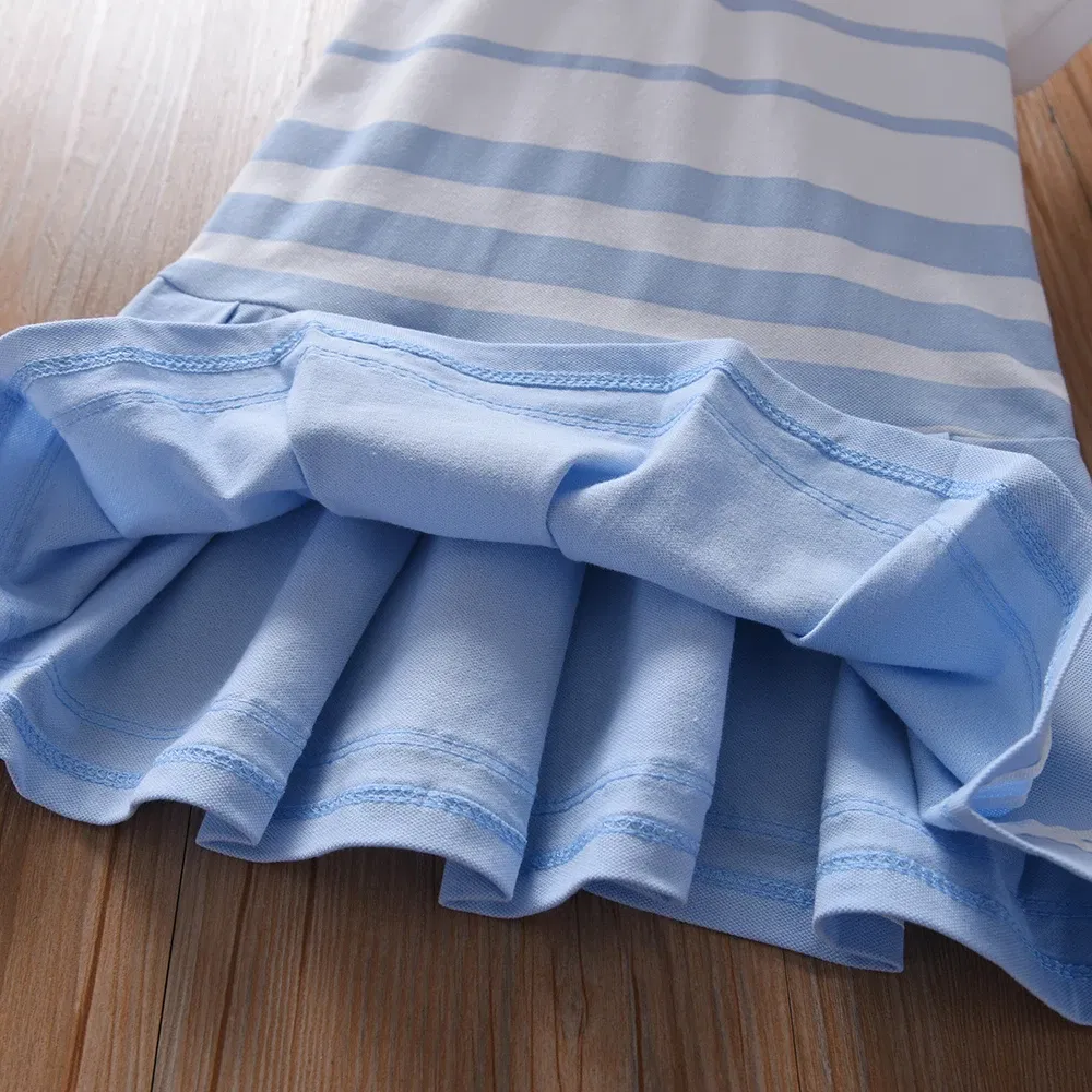 Color: Blue, Kid Size: 5 - Girls' Fashion Polo Dress with Stripes Kids Elegant Puffed Sleeves Clothes Baby Girls Summer Dresses