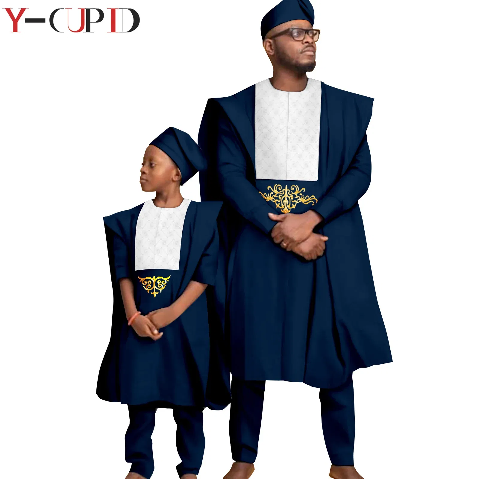 Color: Clear, Size: L - African Clothes for Men Top Pants Robes Hat Sets Match Kid Boy Sets Dashiki Father and Son Bazin Riche Family Outfits Y20F001