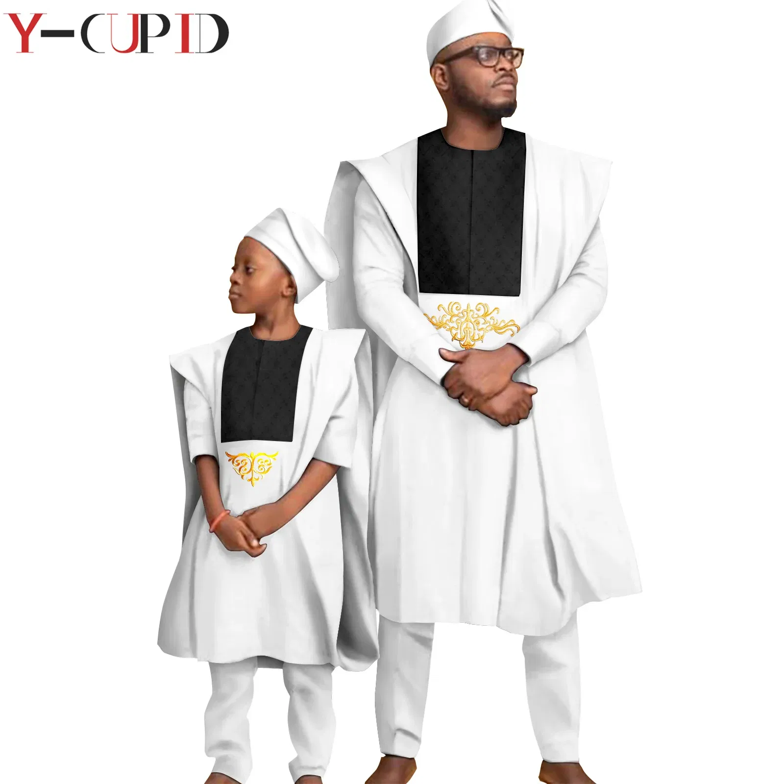Color: Clear, Size: L - African Clothes for Men Top Pants Robes Hat Sets Match Kid Boy Sets Dashiki Father and Son Bazin Riche Family Outfits Y20F001