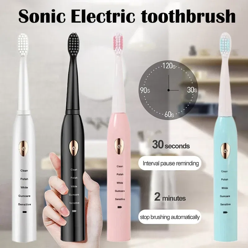 Color: Blue - Electric Toothbrush 5-gear Mode USB Charging 4 colors IPX7 Waterproof Ultrasonic Rechargeable Soft Hair Toothbrush Adult Classic