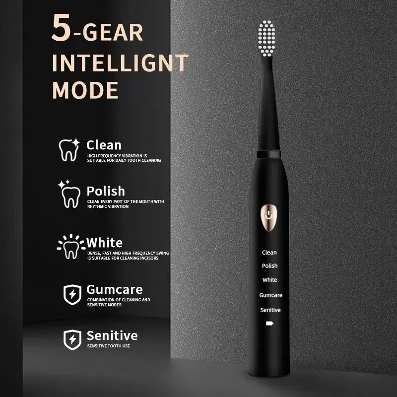 Color: Blue - Electric Toothbrush 5-gear Mode USB Charging 4 colors IPX7 Waterproof Ultrasonic Rechargeable Soft Hair Toothbrush Adult Classic
