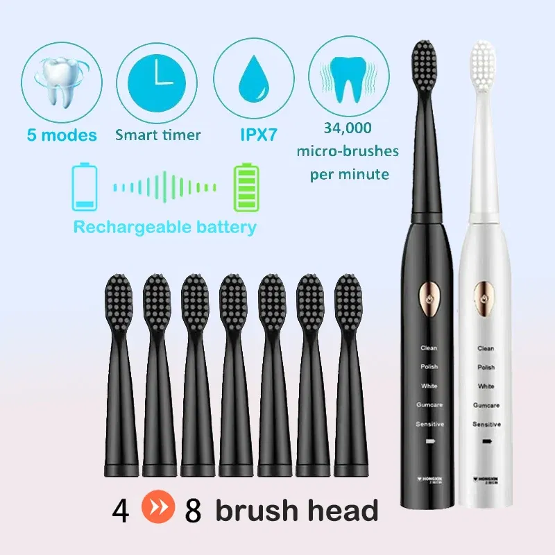 Color: Blue - Electric Toothbrush 5-gear Mode USB Charging 4 colors IPX7 Waterproof Ultrasonic Rechargeable Soft Hair Toothbrush Adult Classic