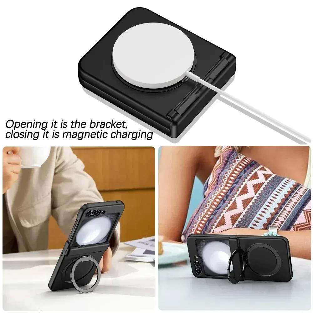 Color: Pink, Material: ABS - For Samsung Galaxy Z Flip 3 5 4 6 Magsafe Case Wireless Charging Hinge All-inclusive Flip Shockproof Hard Magnetic Holder Cover