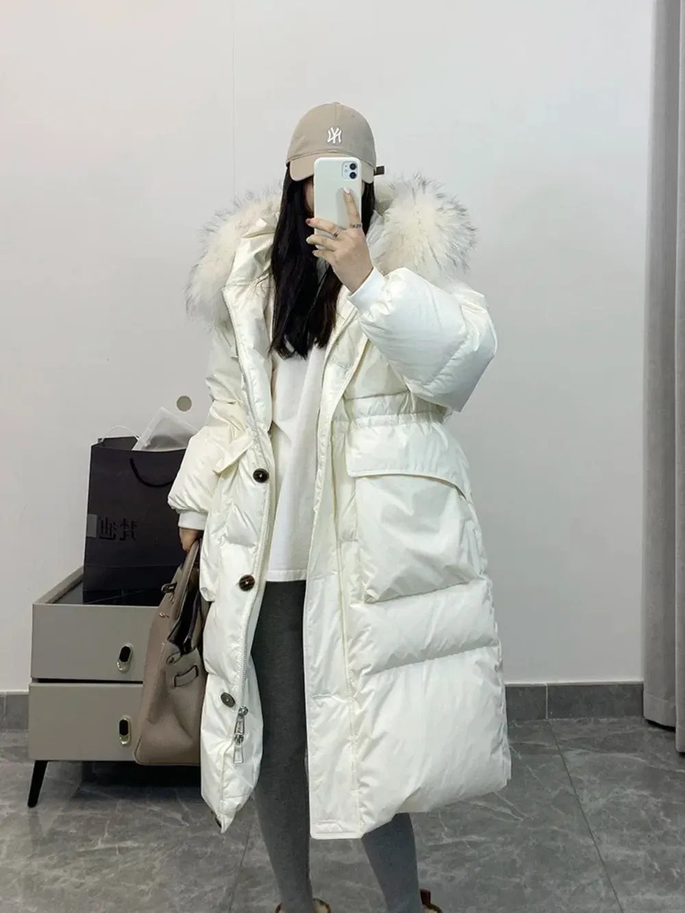 Color: RHODO, Size: M - Down Jacket Women Waterproof Winter Long Puffer Jacket 2024 Real Raccoon Fur Hooded Duck Down Coat Female Rain Feather Parkas