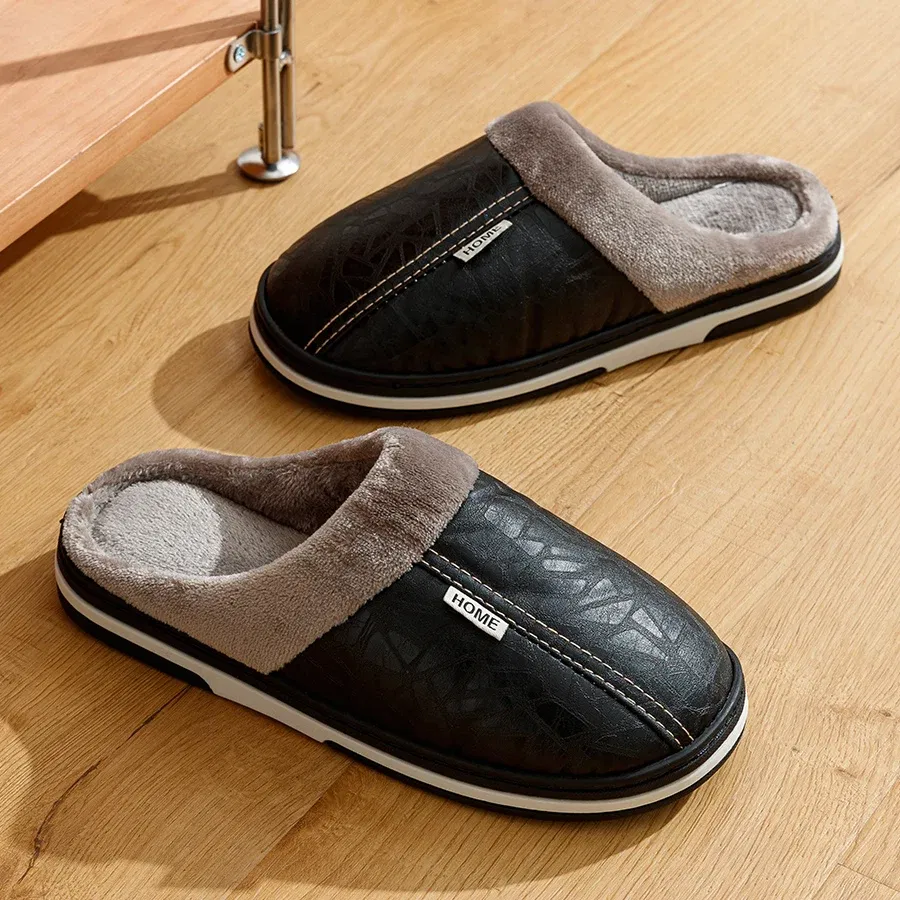 Color: Brown, Shoe Size: 12 - Big Size Winter Casual Men's Slippers Indoor Waterproof PU Leather Home Shoes Fur Flat Warm Fashion Bedroom Houseshoes