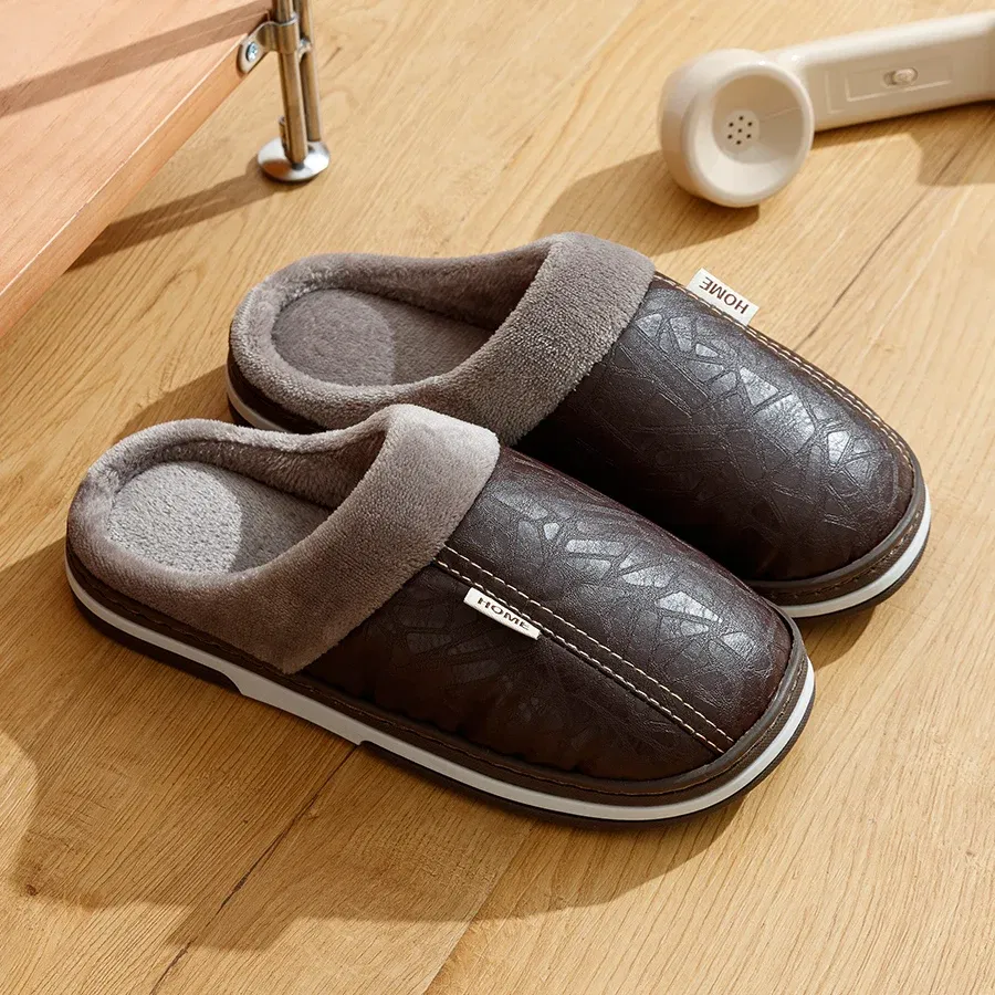 Color: Brown, Shoe Size: 12 - Big Size Winter Casual Men's Slippers Indoor Waterproof PU Leather Home Shoes Fur Flat Warm Fashion Bedroom Houseshoes