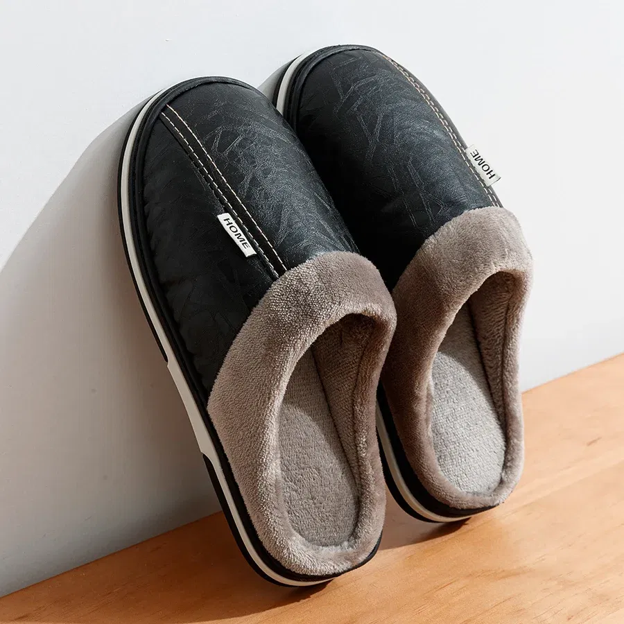 Color: Brown, Shoe Size: 12 - Big Size Winter Casual Men's Slippers Indoor Waterproof PU Leather Home Shoes Fur Flat Warm Fashion Bedroom Houseshoes