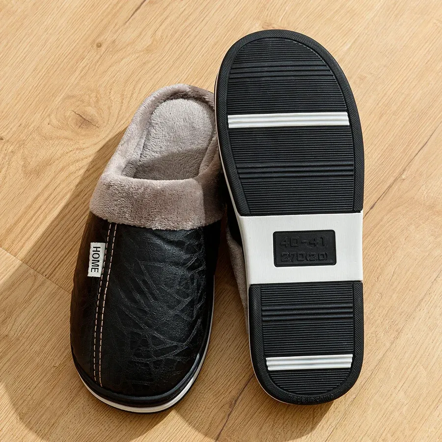 Color: Brown, Shoe Size: 12 - Big Size Winter Casual Men's Slippers Indoor Waterproof PU Leather Home Shoes Fur Flat Warm Fashion Bedroom Houseshoes