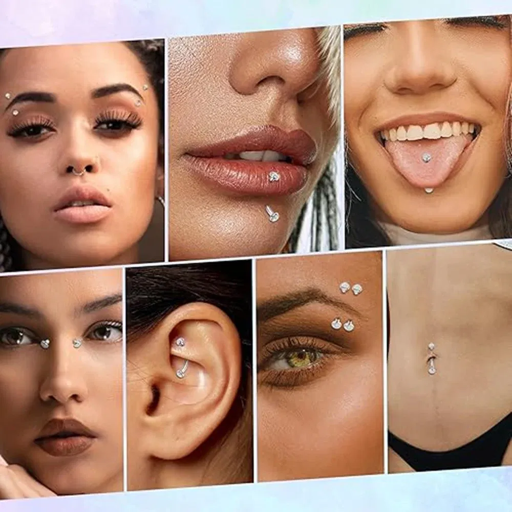 Metal color: Blue, Main Stone Color: WHITE - 3/4/5mm Opal Steel Eyebrow Ring Internally Threaded 6mm -14mm Bar Curved Barbell Monroe Lip Stud Ear Tragus Piercing