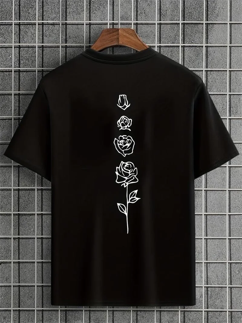 Color: Gold, Size: S - Men's Summer Loose Fit  100 Cotton Rose pattern Print T-shirt Tops