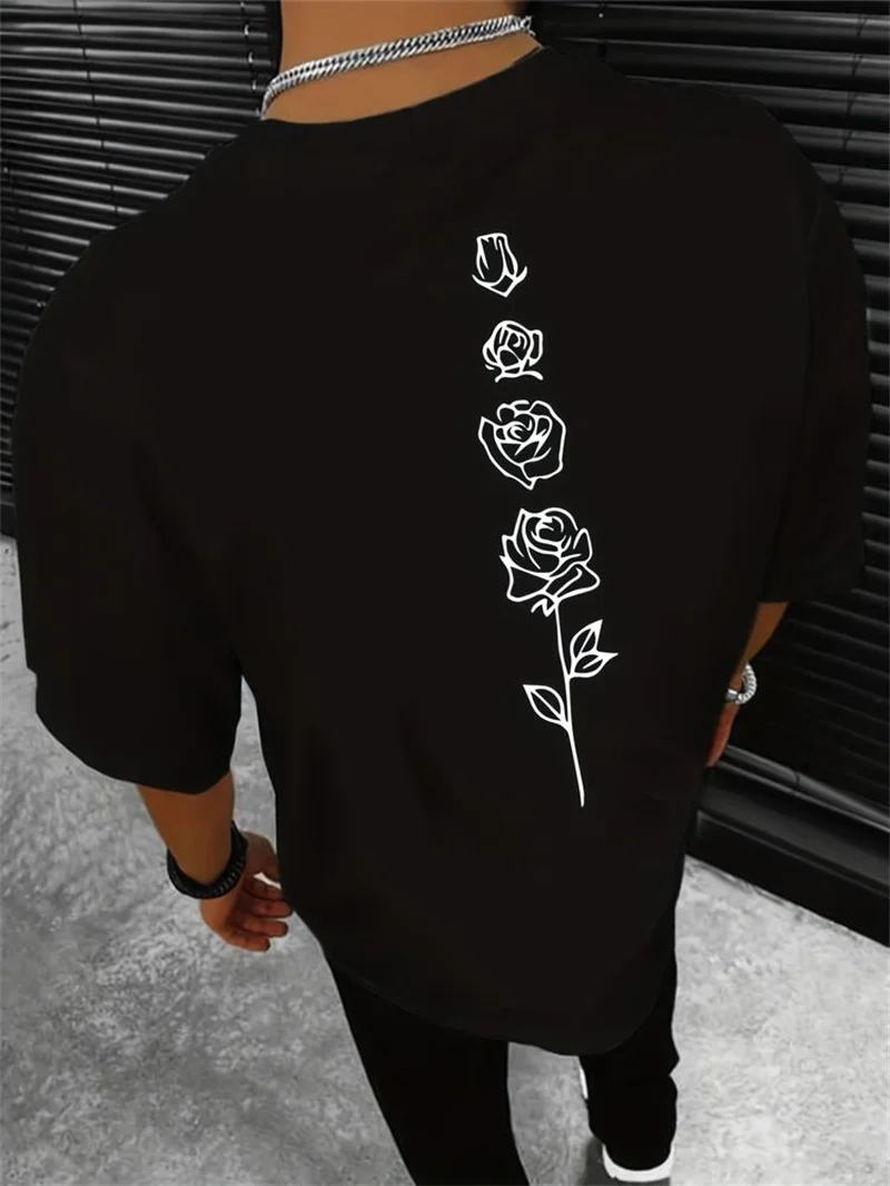 Color: Gold, Size: S - Men's Summer Loose Fit  100 Cotton Rose pattern Print T-shirt Tops