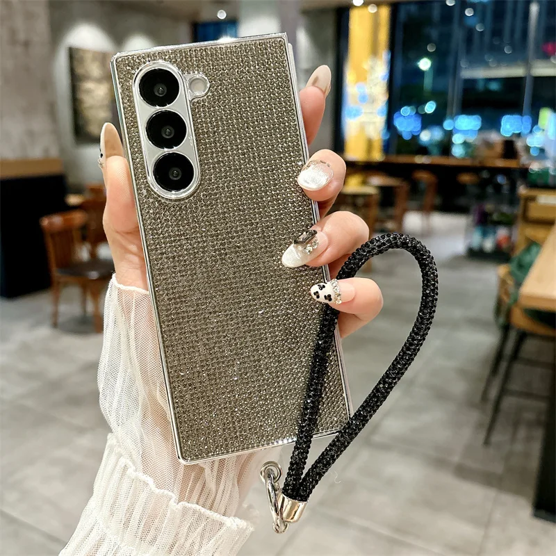 Color: Blue, Material: Denim - Luxury Flash Diamond Sparkling phone case for Samsung Galaxy Z Fold 6 5 zfold 4 Electroplated bracelet shockproof cover