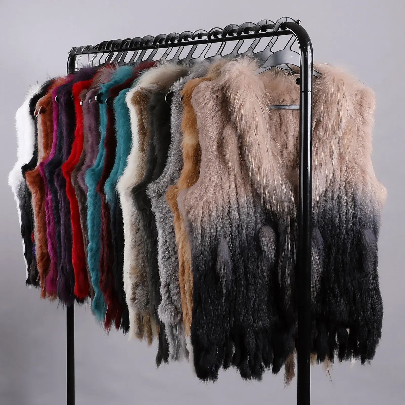 Color: Dark Grey, Size: M - Luxury Women's Genuine Premium Long Hair Rabbit Fur Knit Vest Raccoon Fur Trim Gilet Lady Sleeveless Waistcoat Real Fur Jacket