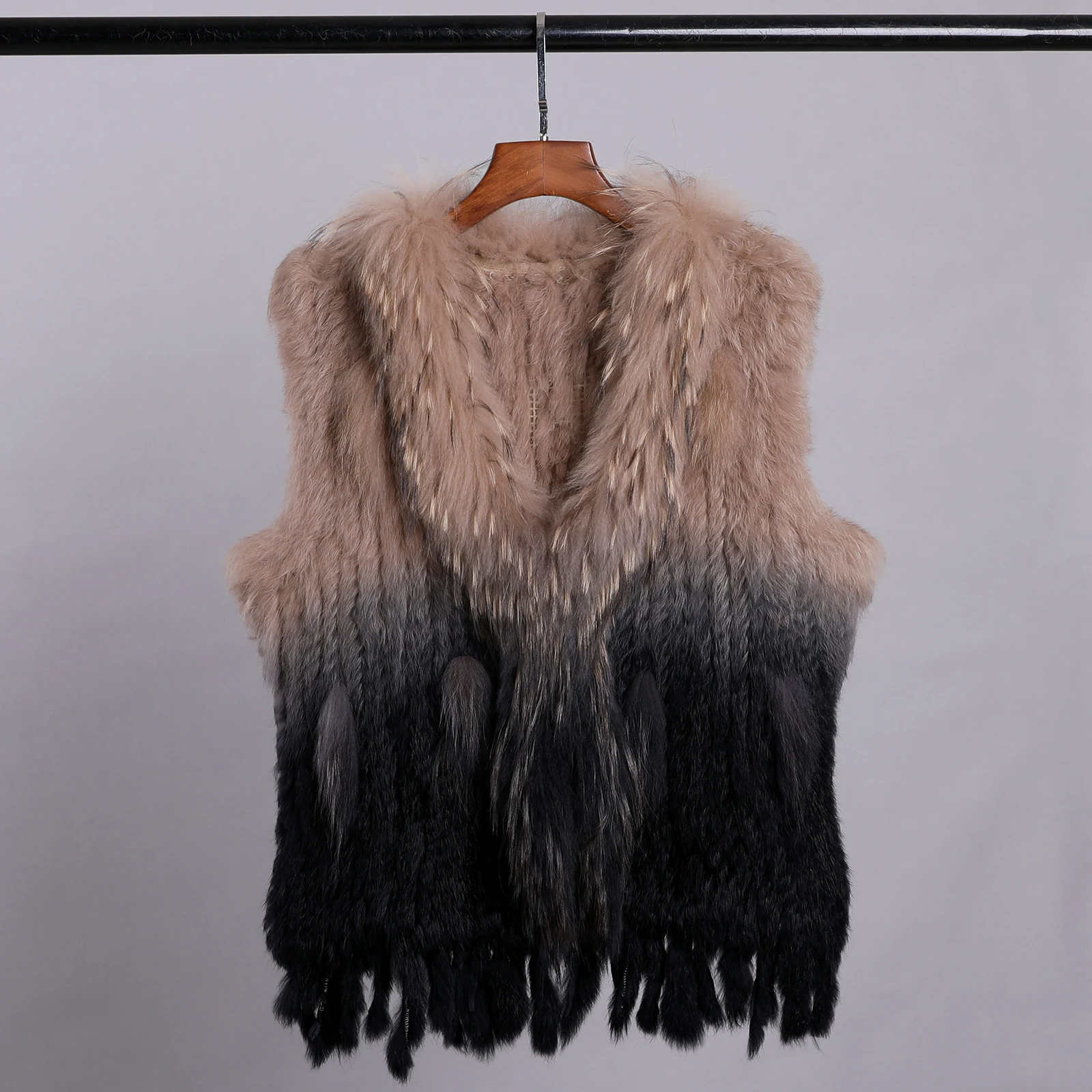 Color: Dark Grey, Size: M - Luxury Women's Genuine Premium Long Hair Rabbit Fur Knit Vest Raccoon Fur Trim Gilet Lady Sleeveless Waistcoat Real Fur Jacket