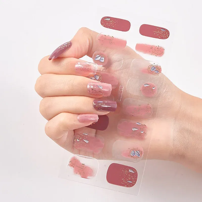 Color: Pink Bronze - 16 Tips/Sheet Patterned Nails With Creative Nail Polish Nail Art Stickers 2020 Temporary Tattoos Kids Full Cover Nail Stickers