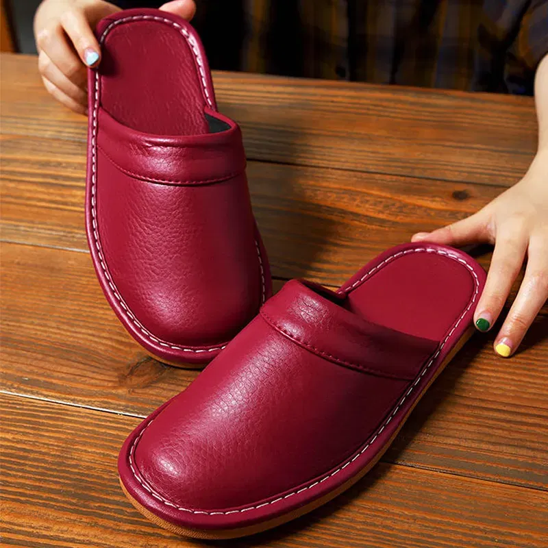 Color: Brown, Shoe Size: 6.5 - Mens Bedroom Leather Slippers Unisex Black Home Shoes Big Size 47 48 Man's Slippers Indoor Comfy Males Slides Family Flats Shoes