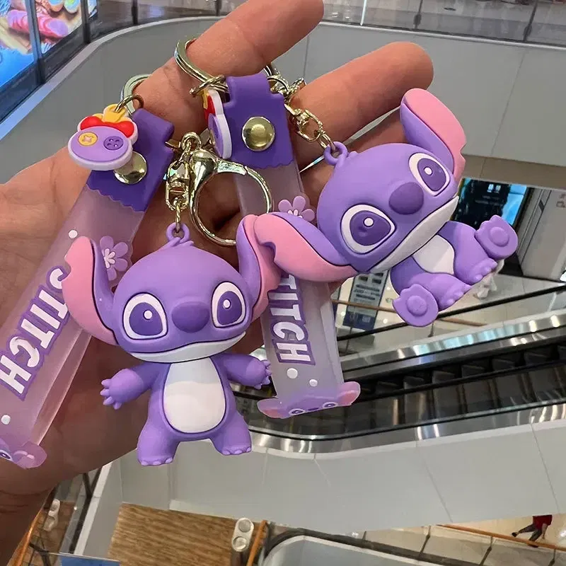 Color: Green - Cartoon Disney Lilo & Stitch Silicone Pendant Keychain for Women Men Fans Lovely Pink Blue Purple Stitch Angel Keyring Gifts