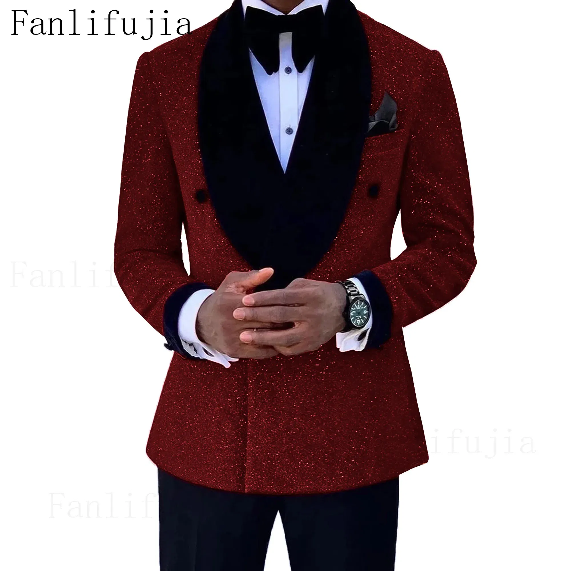 Color: Burgundy, Size: M - Fanlifujia Luxury Red Glitter Suits Men Groom Wedding Tuxedo Double Breasted Blazer Formal Evening Party Prom Dress 2 Pieces Set
