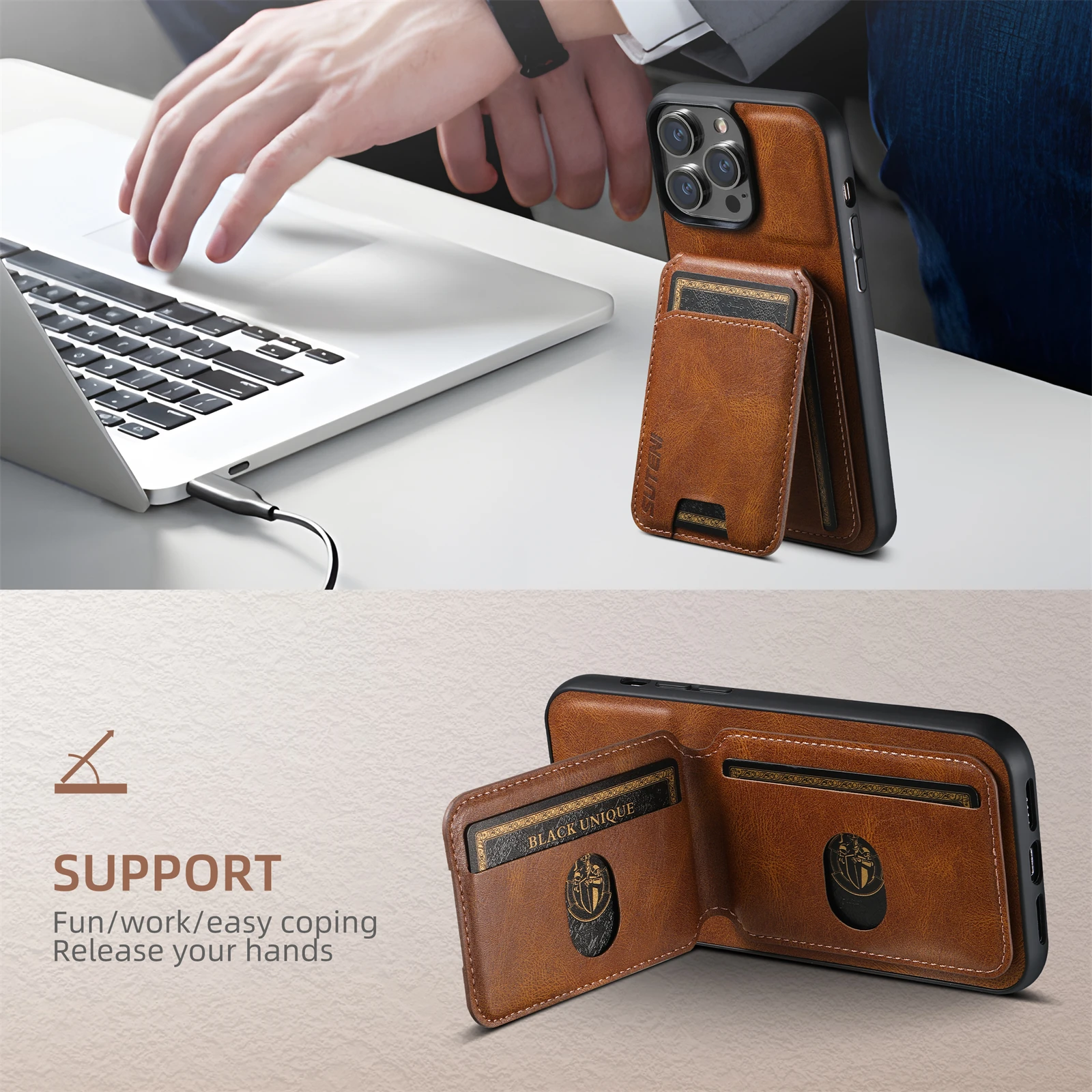 Color: Coffee, Material: PP - SUTENI Card Holder Leather Magnetic Pocket Cover Wallet Phone Case For iPhone X XS XR 11 12 13 14 15 Pro Max Plus