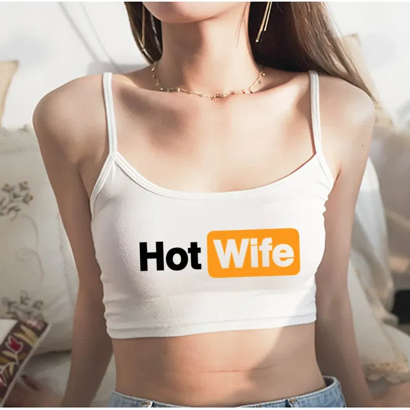 Color: black, Size: XL - Funny HOT WIFE Letters Print New Sexy Crop Top Summer Women's Sexy Elastic Cotton Camis Sleeveless Short Tank Top Bar Women