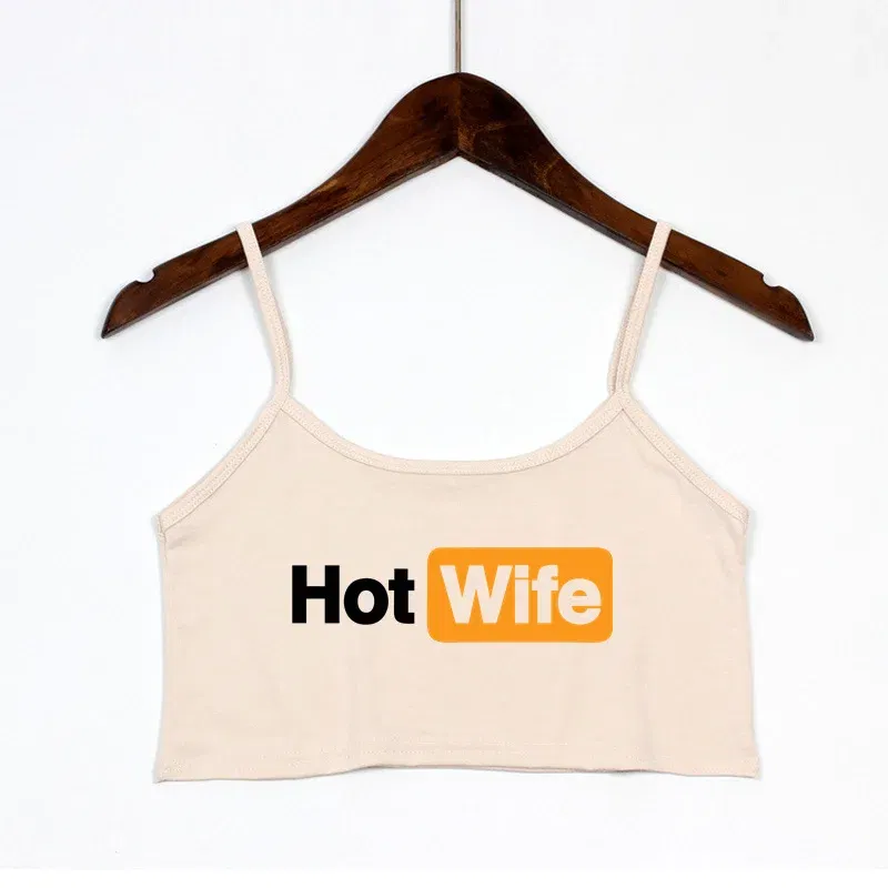 Color: black, Size: XL - Funny HOT WIFE Letters Print New Sexy Crop Top Summer Women's Sexy Elastic Cotton Camis Sleeveless Short Tank Top Bar Women