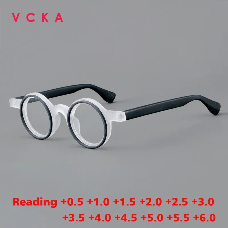 Frame Color: PURPLE, Eye Prescription: +550 - VCKA Round Acetate Photochromic Reading Glasses Frame Men Prescription Anti-blue Eyeglasses Women Custom Eyewear +0.50 to+6.0