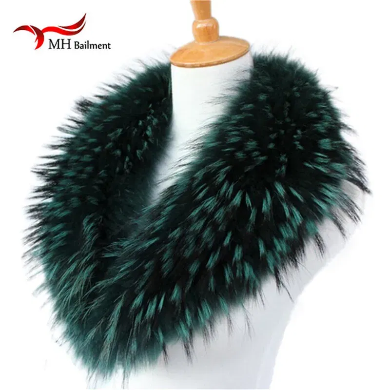 Color: army green, Size: M - Real Raccoon Fur Scarves Woman 100% Pure Natural Raccoon Fur Collar Warm Winter Scarves Red Fox Fur Collar L#1
