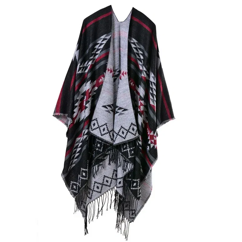 Color: Beige, Size: One Size - European American Popular Tassel Thickened Cashmere Like National Style Travel Fork Shawl Scarf in autumn Ponchos Capes P9