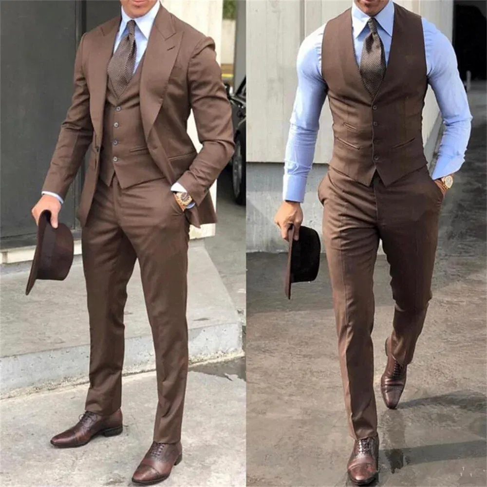Color: Beige, Size: 5XL - Black Classic Men Suit 3 Pieces Tuxedo Peak Lapel Groomsmen Wedding Suits Set Fashion Men Business Blazer Jacket+Pants+Vest