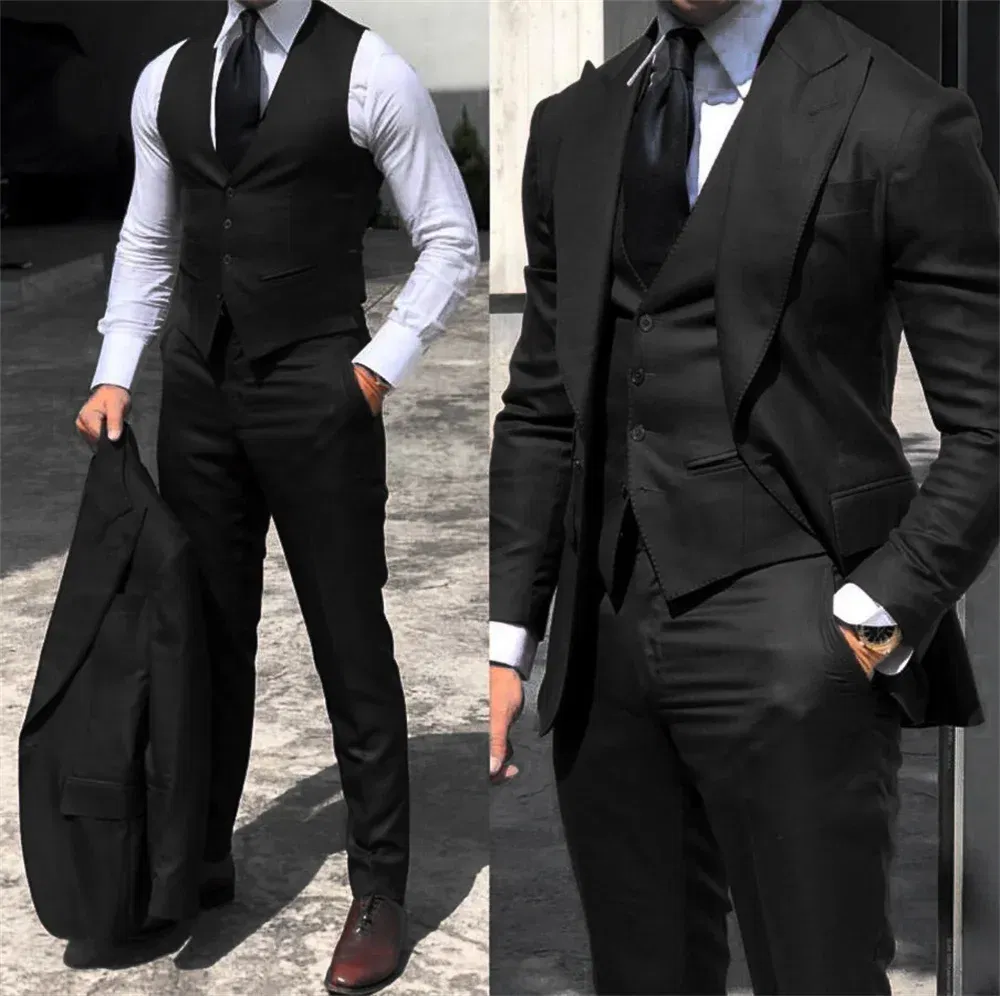 Color: Beige, Size: 5XL - Black Classic Men Suit 3 Pieces Tuxedo Peak Lapel Groomsmen Wedding Suits Set Fashion Men Business Blazer Jacket+Pants+Vest