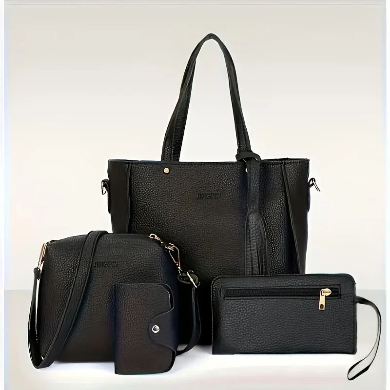 Color: Pink - 4pcs Elegant Minimalist Women'S Shoulder Bag, Handbag, Crossbody Bag, Women Storage Bag, Holiday Gift, Synthetic, Zipper Closure