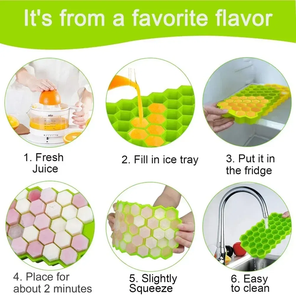 Color: Green - 37 Cavity Honeycomb Ice Cube Trays Reusable Silicone Ice Cube Mold BPA Free Ice Maker with Removable Lids