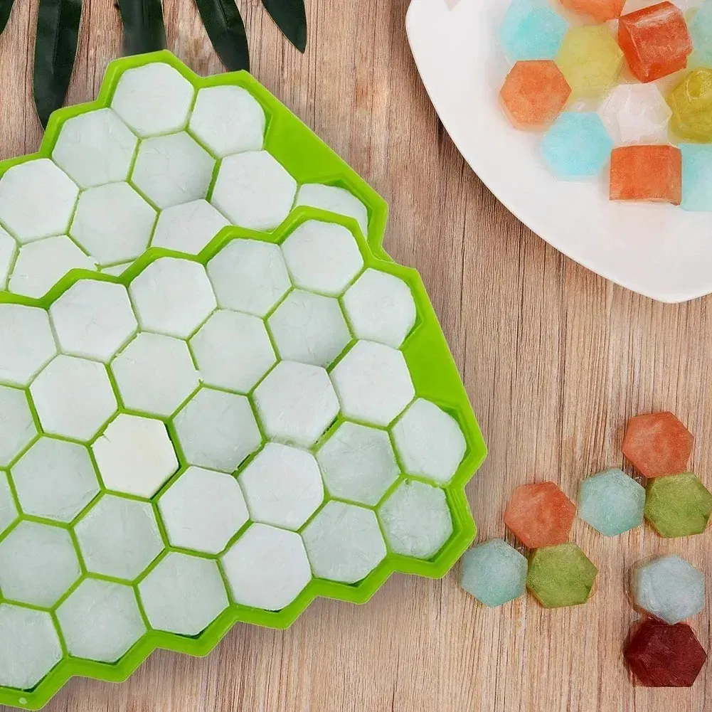 Color: Green - 37 Cavity Honeycomb Ice Cube Trays Reusable Silicone Ice Cube Mold BPA Free Ice Maker with Removable Lids