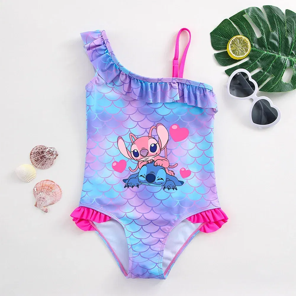 Color: Beige, Size: XS - Stitch Girls Swimsuit Fashion Mermaid Fish Scale One-Piece Bathing Suits Children's Dresses Summer Swimwear Beach Suit Kids Wear