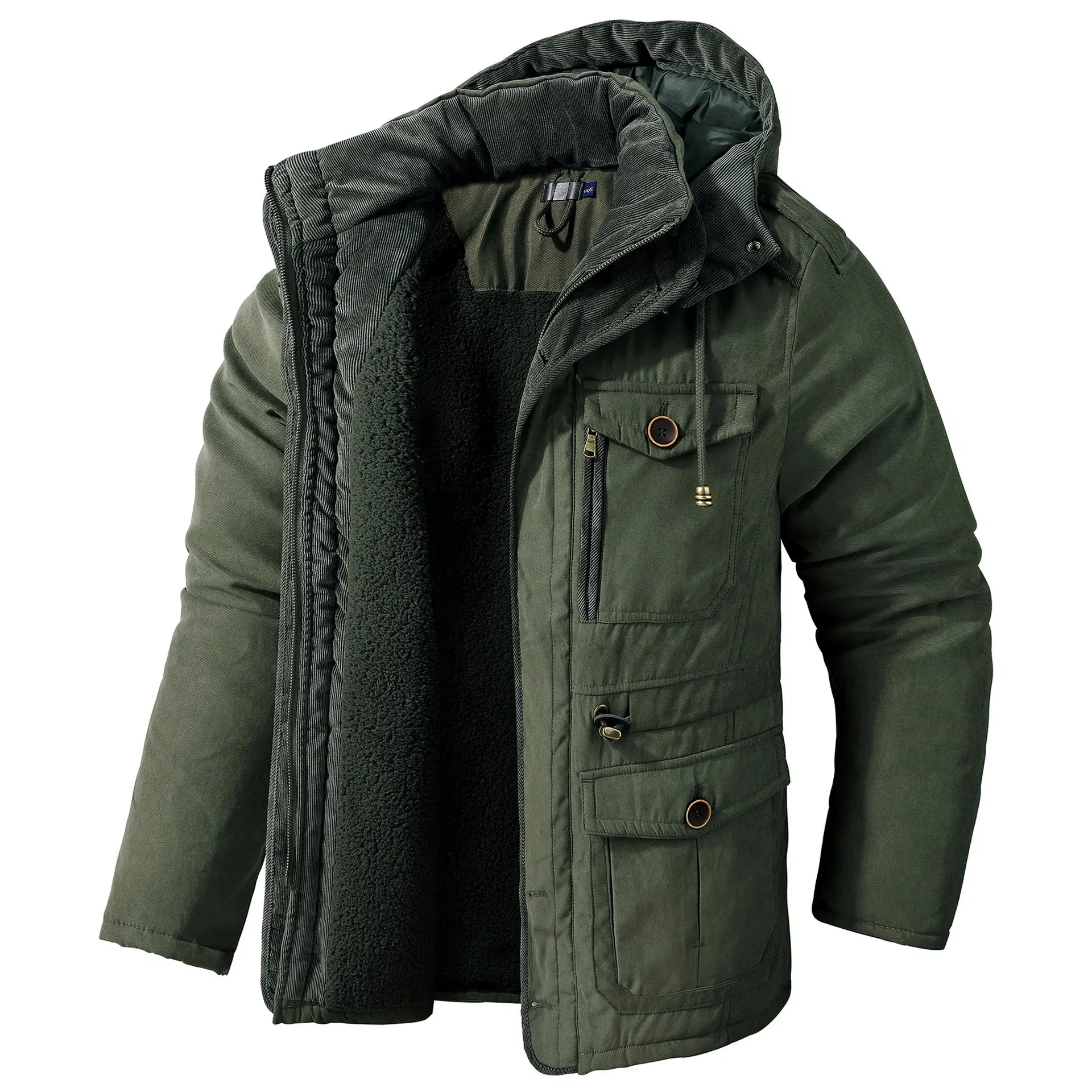 Color: Khaki, Size: L - Winter Parka Military Outdoor Fleece Men Large SIZE Men Warm Jacket Men Cotton Windproof Casual Parka Stand Collar Lamb Cashmere
