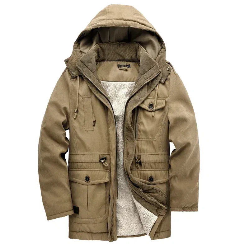 Color: Khaki, Size: L - Winter Parka Military Outdoor Fleece Men Large SIZE Men Warm Jacket Men Cotton Windproof Casual Parka Stand Collar Lamb Cashmere