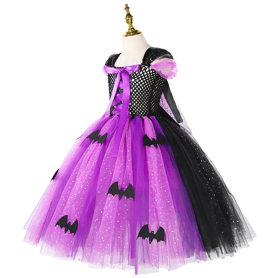 Color: Yellow, Kid Size: 11 - Halloween Witch Tutu Dress for Girls Handmade Mesh Bat Wizard Cosplay Costumes with Hat Broom Toddler Evil Party Clothes Set