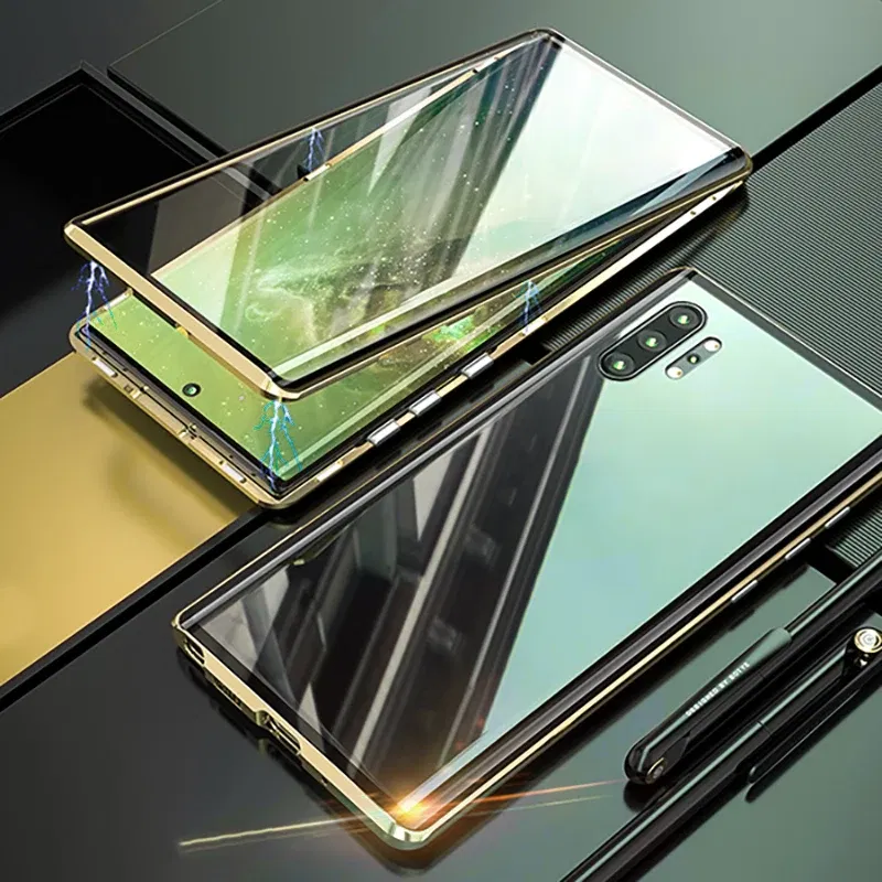 Color: Gold, Material: Genuine leather - Full Wrap Metal Bezel Case For Samsung Galaxy S23 S22 Ultra S21 S20 FE S24 Note 10 20 Lite Plus Double-Sided Glass Back Cover