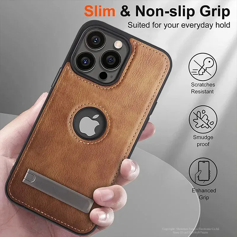 Color: Beige, Material: Cotton Fabric - PU Leather Kickstand Phone Cases for iPhone 15 Pro Max 14 Plus 11 13 12 Mini Mobile Case with Holder Luxury Slim Shell Cover