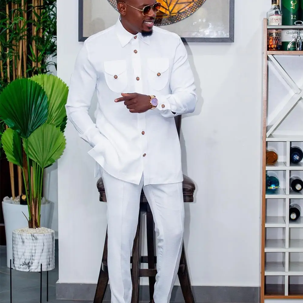 Color: SKY BLUE, Size: L - 2025 New men's suit, white pocket, 2-piece set, luxury wedding casual suit, traditional African style of ethnic minorities