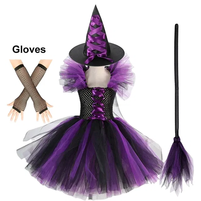 Color: WHITE, Kid Size: 11 - Halloween Witch Tutu Dress for Girls Handmade Mesh Bat Wizard Cosplay Costumes with Hat Broom Toddler Evil Party Clothes Set