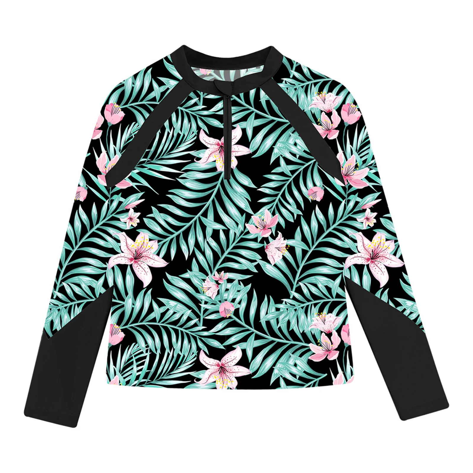 Color: Blue, Kid Size: 12M - Kids Girls Swim Top Floral Printed Rash Guard T Shirt Mock Neck Long Sleeve Pool Party Beachwear UPF 50+ Surfing Bathing Tops