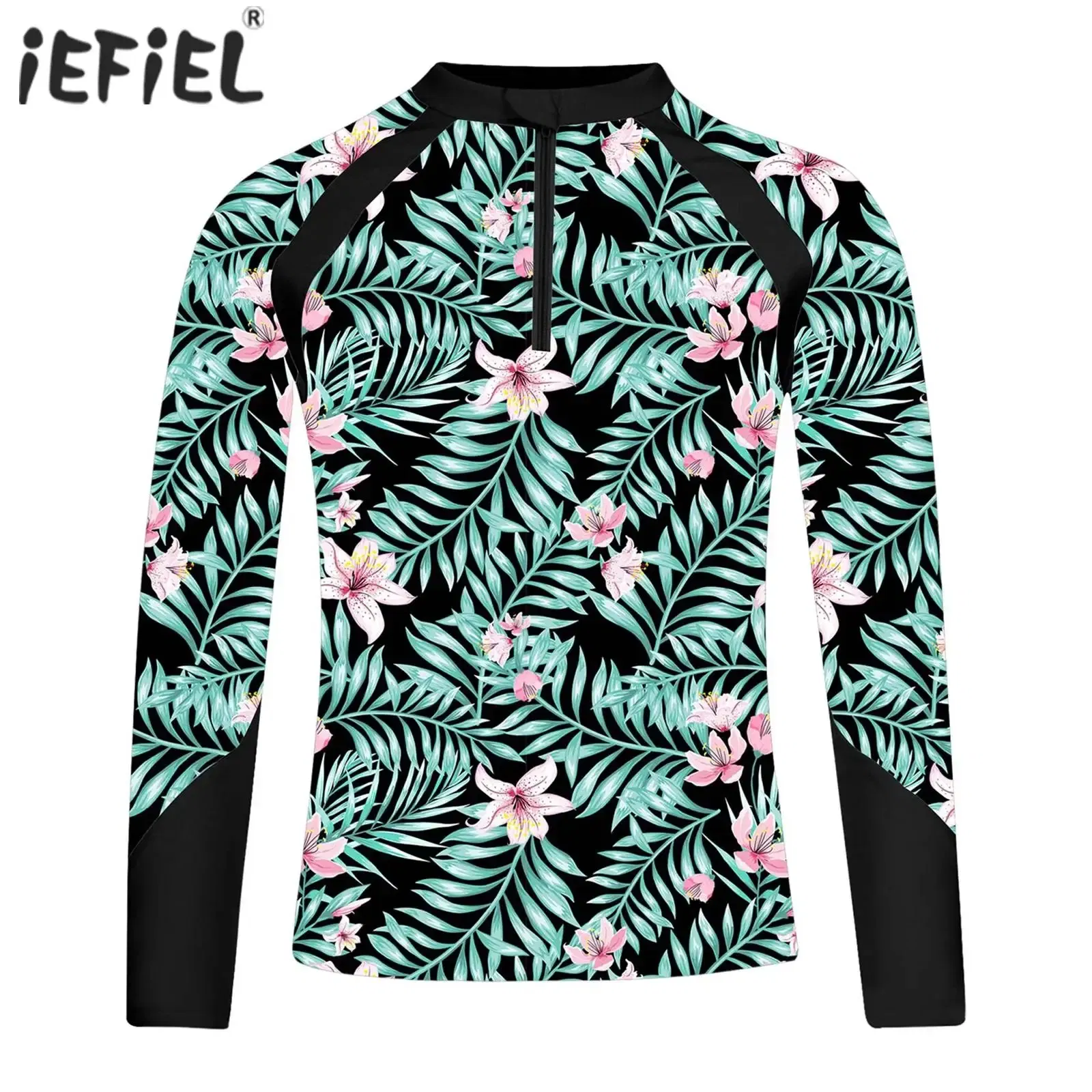 Color: Blue, Kid Size: 12M - Kids Girls Swim Top Floral Printed Rash Guard T Shirt Mock Neck Long Sleeve Pool Party Beachwear UPF 50+ Surfing Bathing Tops