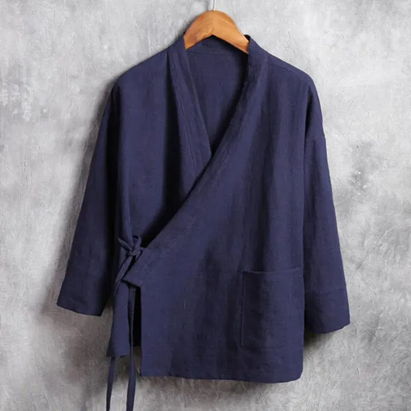 Color: Blue, Size: XXL - Plus Size M-6XL Pure Color Men's Tops 2024 New Cotton Linen Oblique Placket Long Sleeve Linen Hanfu chinese Clothing  Kimono