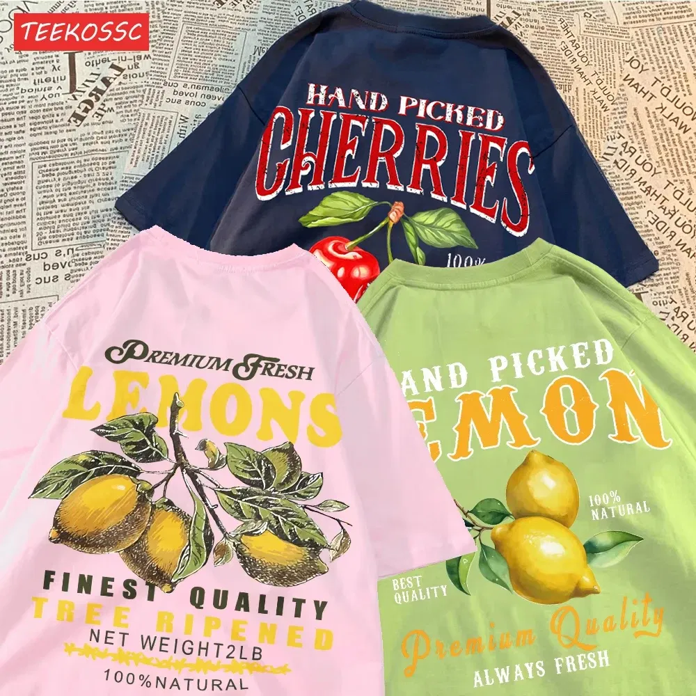 Color: Pink, Size: L - Summer Lemon Cherries Prints T-Shirts Cotton Women's Tops Oversize O-Neck Soft Short Sleeve tees Street Casual Womans Clothes