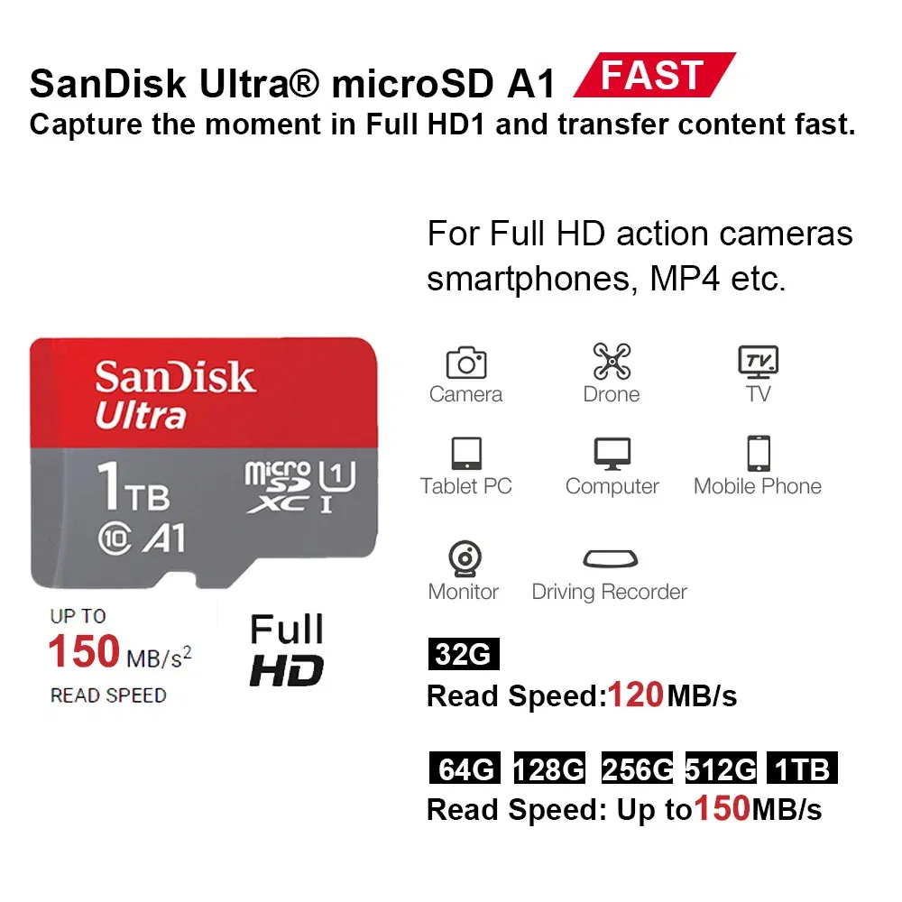 Capacity: 32GB - SanDisk Micro SD Memory Card 100% Original C10 U1 U3 4K HD Trans Flash Cards for Camera GoPro DJI Nintendo Switch MicroSDXC Card