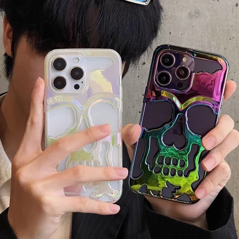 Color: Black, Material: PVC - 3D Skull Ghostface Phone Case for iPhone 14 15 ProMax 11 12 13 Pro Max Plus Fashion Hollow Heat Dissipation Plating Slim Cover