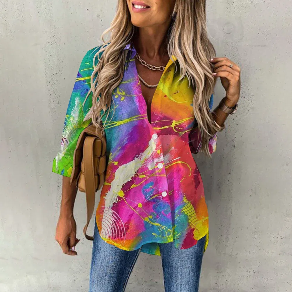 Color: Khaki, Size: S - Ladies Long Sleeved Shirt Vacation Style Coconut Tree 3D Digital Printed Button Up Collar Loose Casual Ladies Blouse 2024 Autumn